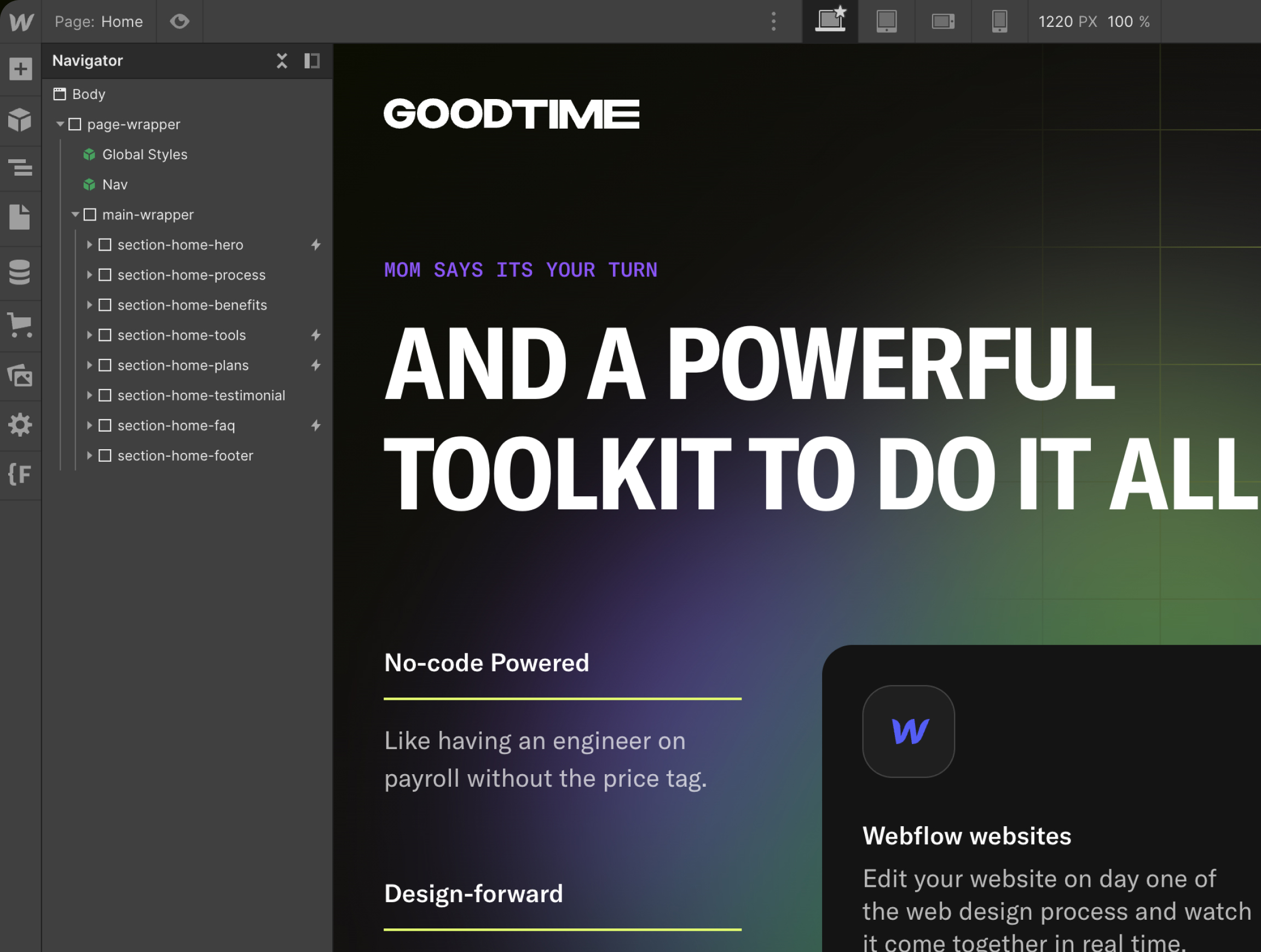 A screenshot of this very site in Webflow.