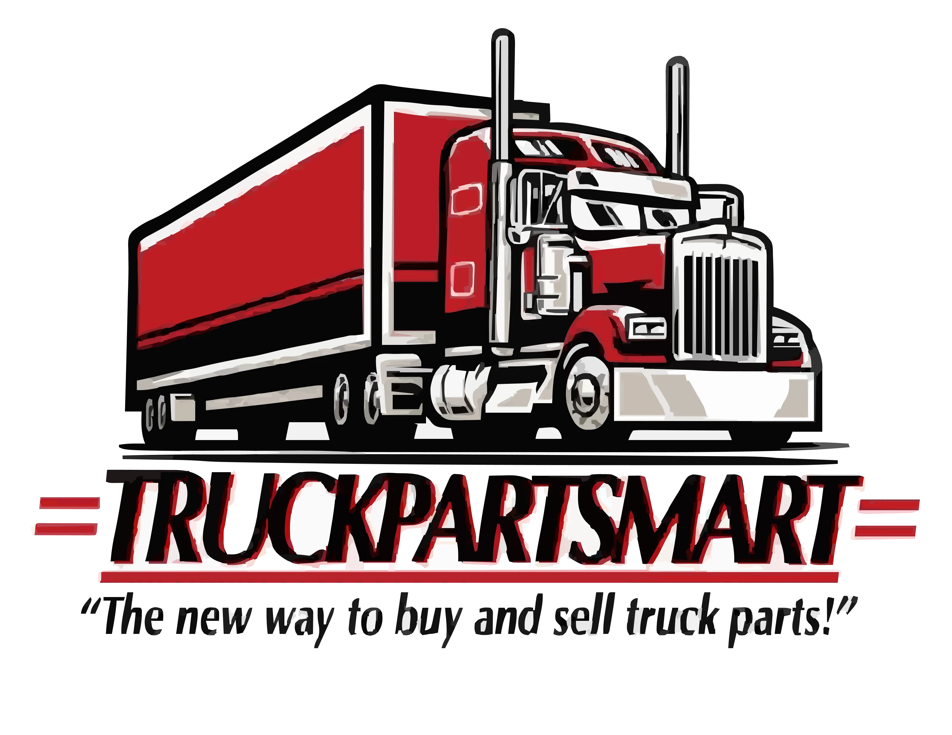 Illustration of a red semi-truck with trailer above the text 'TRUCKPARTSMART' and the slogan 'The new way to buy and sell truck parts!'