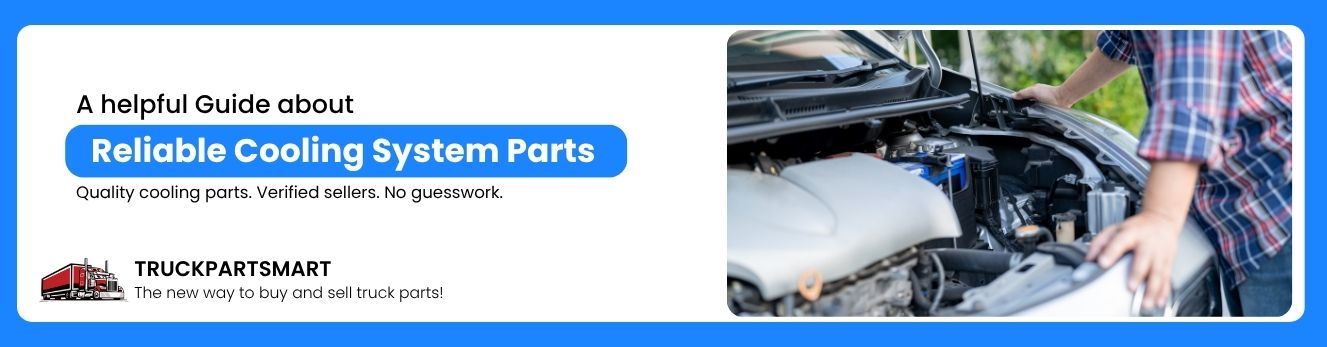 Person checking under a car hood next to text about reliable cooling system parts for trucks.