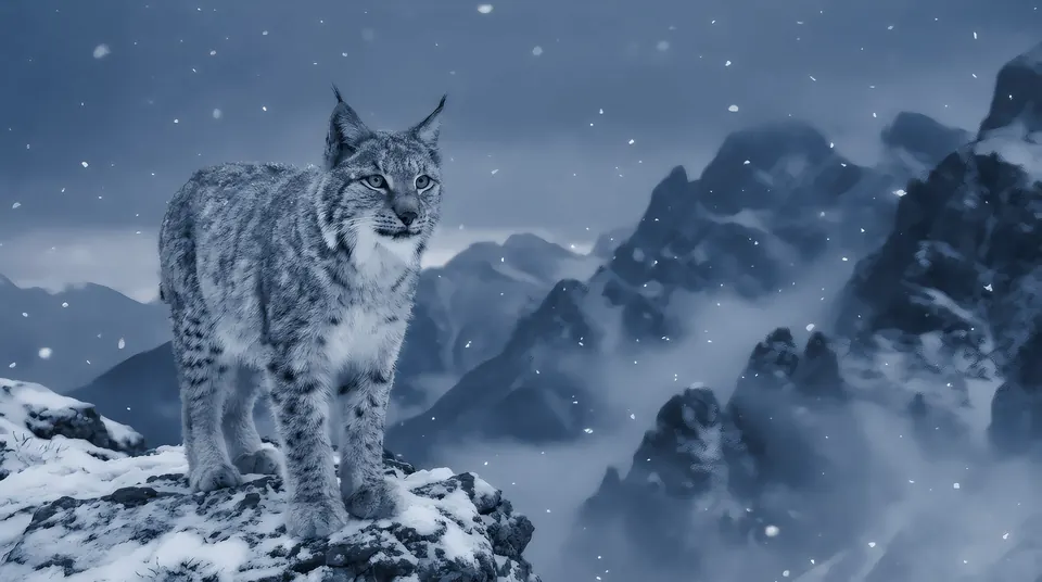 Lynx sur un rocher enneigé devant les montagnes