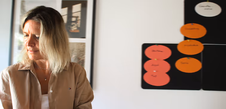 Systemisches Coaching im Überblick – Katrin Höfer mit visualisiertem Coaching-Prozess im Hintergrund