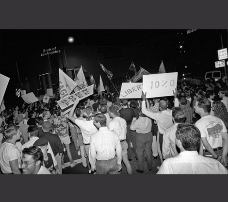 In response to California Governor Pete Wilson’s veto of Assembly Bill 101, a proposed state ban on workplace discrimination based on sexual orien- tation, thousands of protesters begin a three-week march down Santa Monica Boulevard.