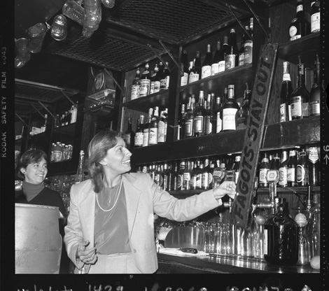 Mayor Terrigno and Councilmember Viterbi take down the offensive “FAGOTS — STAY OUT” [sic] sign displayed prominently inside Barney’s Beanery, ending a decades-old battle to remove it.
