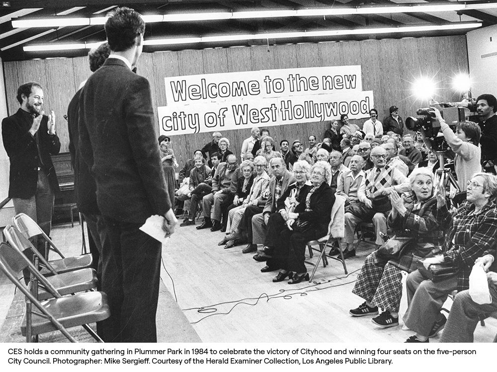 CES holds a community gathering in Plummer Park in 1984 to celebrate the victory of Cityhood and winning four seats on the five-person City Council. Photographer: Mike Sergieff. Courtesy of the Herald Examiner Collection, Los Angeles Public Library.