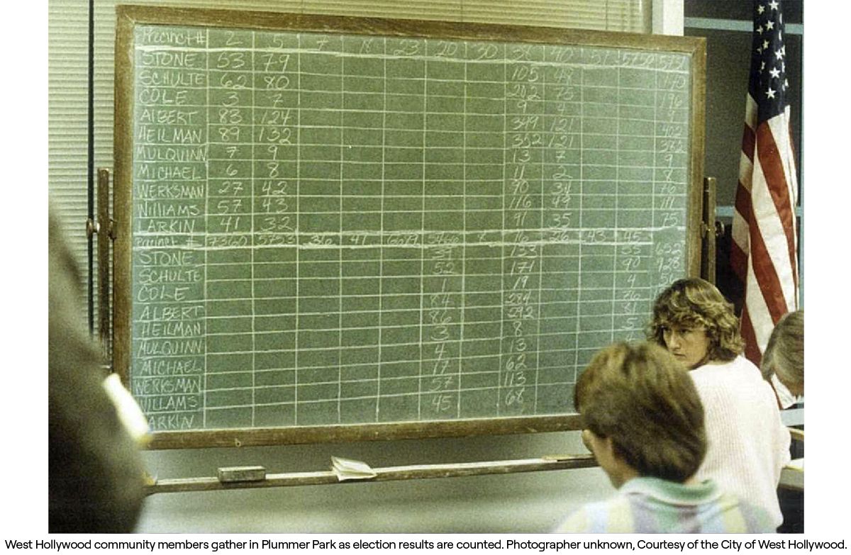 West Hollywood community members gather in Plummer Park as election results are counted. Photographer unknown, Courtesy of the City of West Hollywood.
