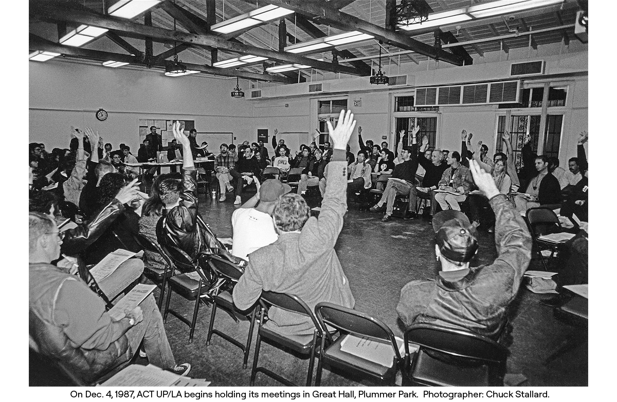 On Dec. 4, 1987, ACT UP/LA begins holding its meetings in Great Hall, Plummer Park.  Photographer: Chuck Stallard.
