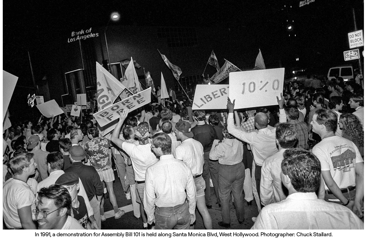In 1991, a demonstration for Assembly Bill 101 is held along Santa Monica Blvd, West Hollywood. Photographer: Chuck Stallard.