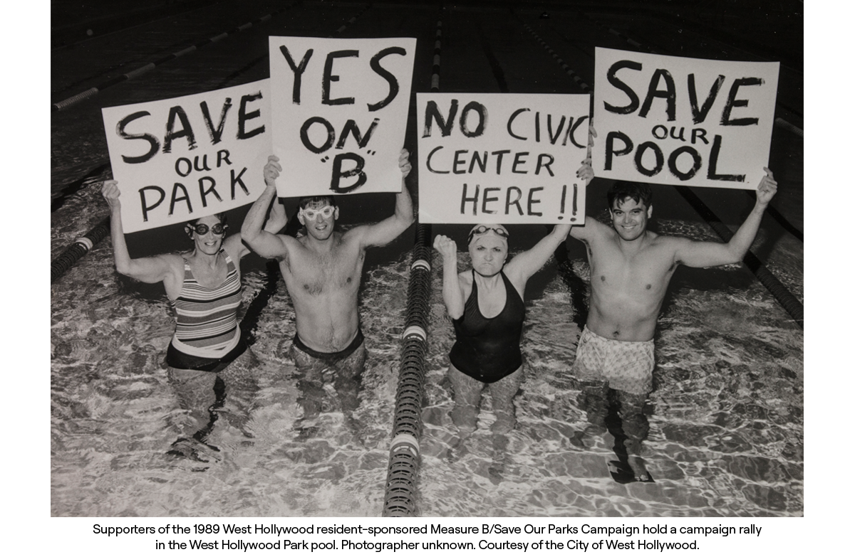 Supporters of the 1989 West Hollywood resident-sponsored Measure B/Save Our Parks Campaign hold a campaign rally in the West Hollywood Park pool. Photographer unknown. Courtesy of the City of West Hollywood. 