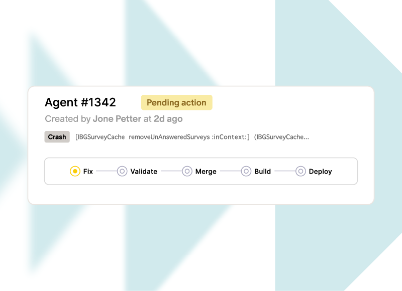 Task card for Agent #1342 with pending action status, created by Jone Petter 2 days ago, showing Fix step active.