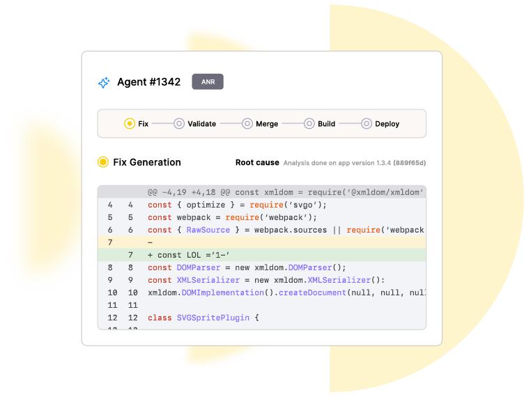Code fix interface showing steps: Fix, Validate, Merge, Build, Deploy with code changes for XML DOM parsing.