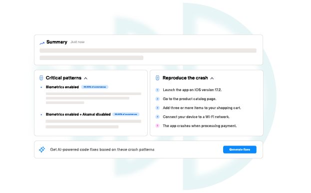 Software crash report showing summary, critical patterns, steps to reproduce crash, and AI-powered code fix option.