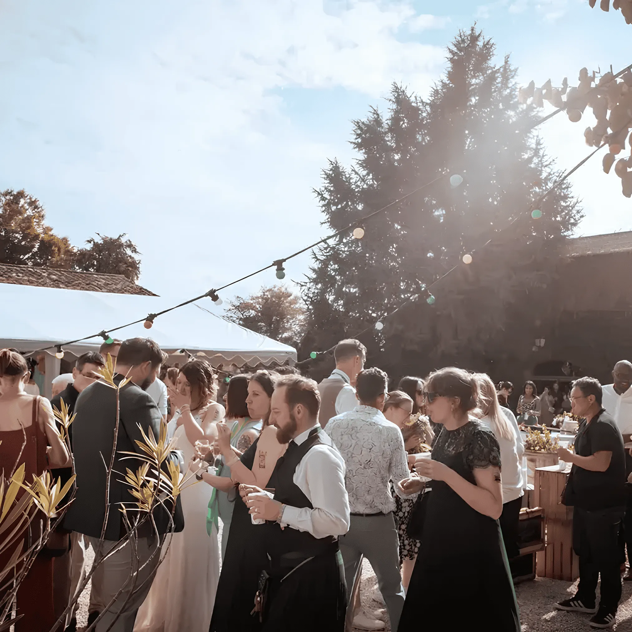 Groupe de personnes élégamment habillées socialisant lors d'un événement extérieur en journée avec des guirlandes lumineuses et des arbres en arrière-plan.