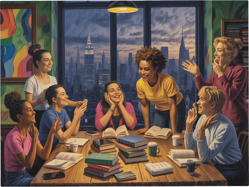 Hero image of publicists and writers discussing a new book