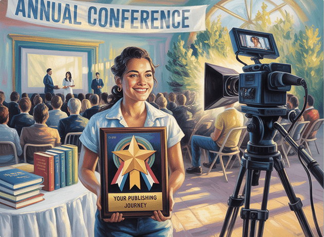 A woman receiving a book award