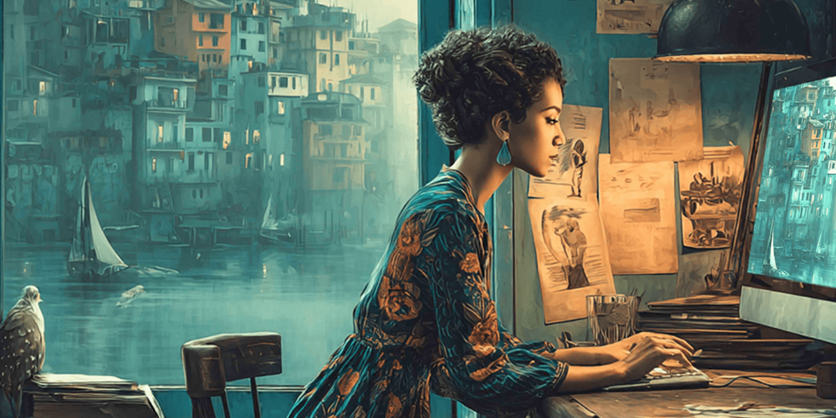 woman sitting on laptop with artistic background