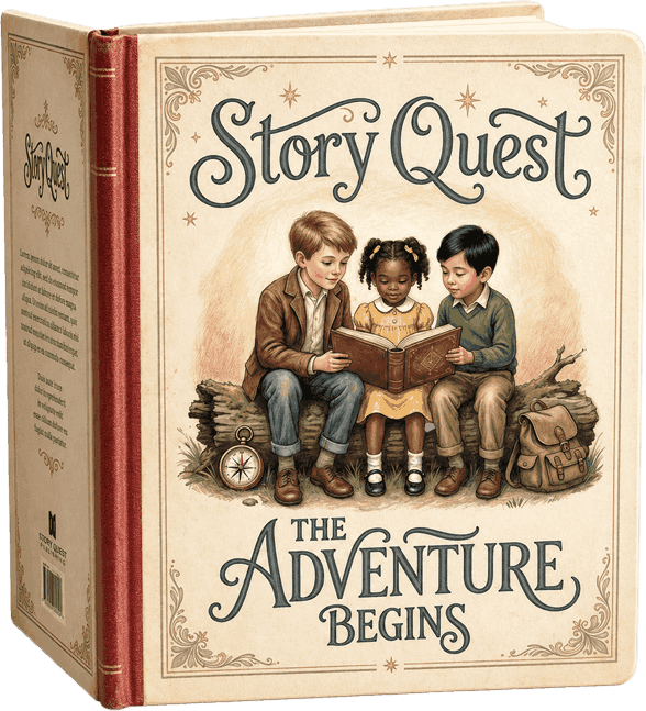 Story Quest Children's Book mockup -- example of AI generated custom book cover design.
