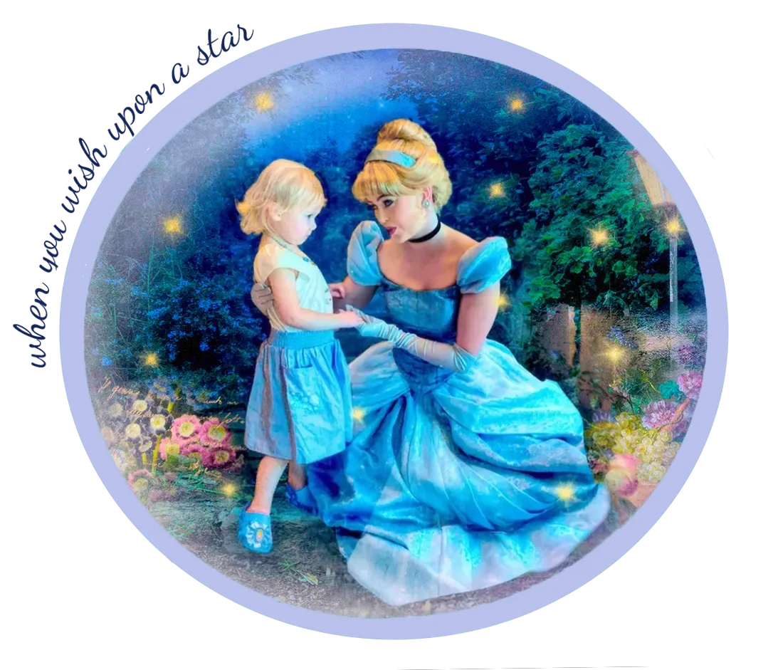 Photoshop-based illustration of Cinderella talking with a young girl; created by Jo Ann Kairys, storyquestbooks.com 