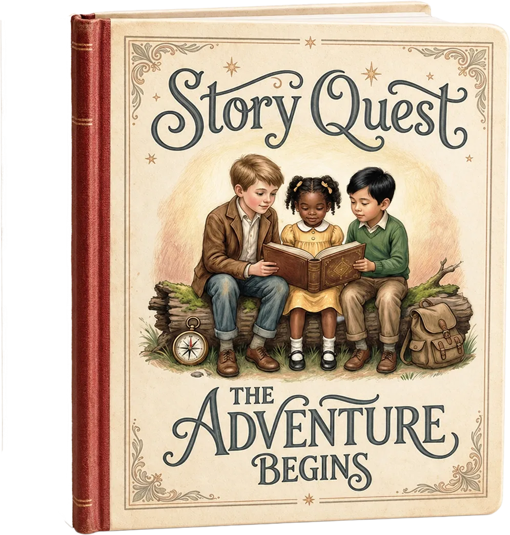 AI-generated book cover with three children reading a book titled, "Story Quest The Adventure Begins." Created by Jo Ann Kairys, Story Quest Books