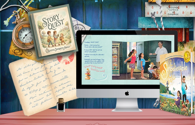 A montage of images representing digital artistry for children's books. Created by Jo Ann Kairys, storyquestbooks.com