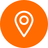 White map pin icon centered on an orange circular background.