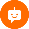 White chatbot icon with a smiling face inside an orange circle.