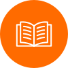 White open book icon on an orange circular background.