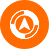 White compass arrow inside a circular shape on an orange background.