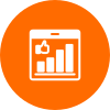 White analytics dashboard icon with thumbs-up and bar chart inside an orange circle.