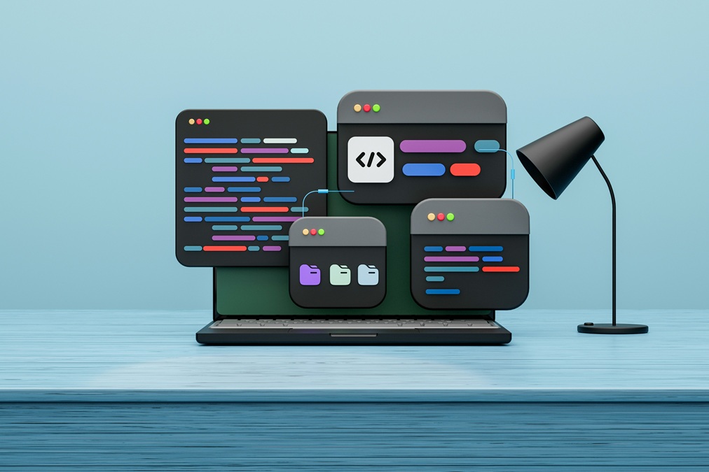 Laptop on a blue wooden desk displaying floating windows with colorful code snippets and file icons, next to a black desk lamp.