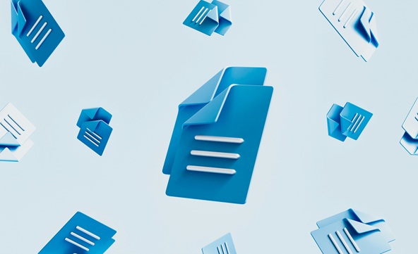 Multiple blue 3D digital file icons with text lines floating on a light background.