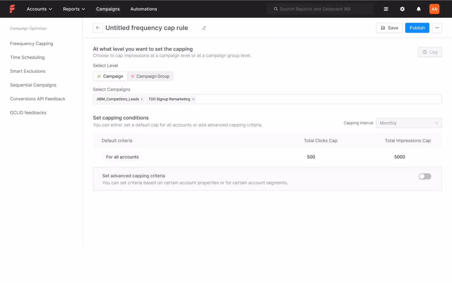 linkedin frequency capping UI on Factors