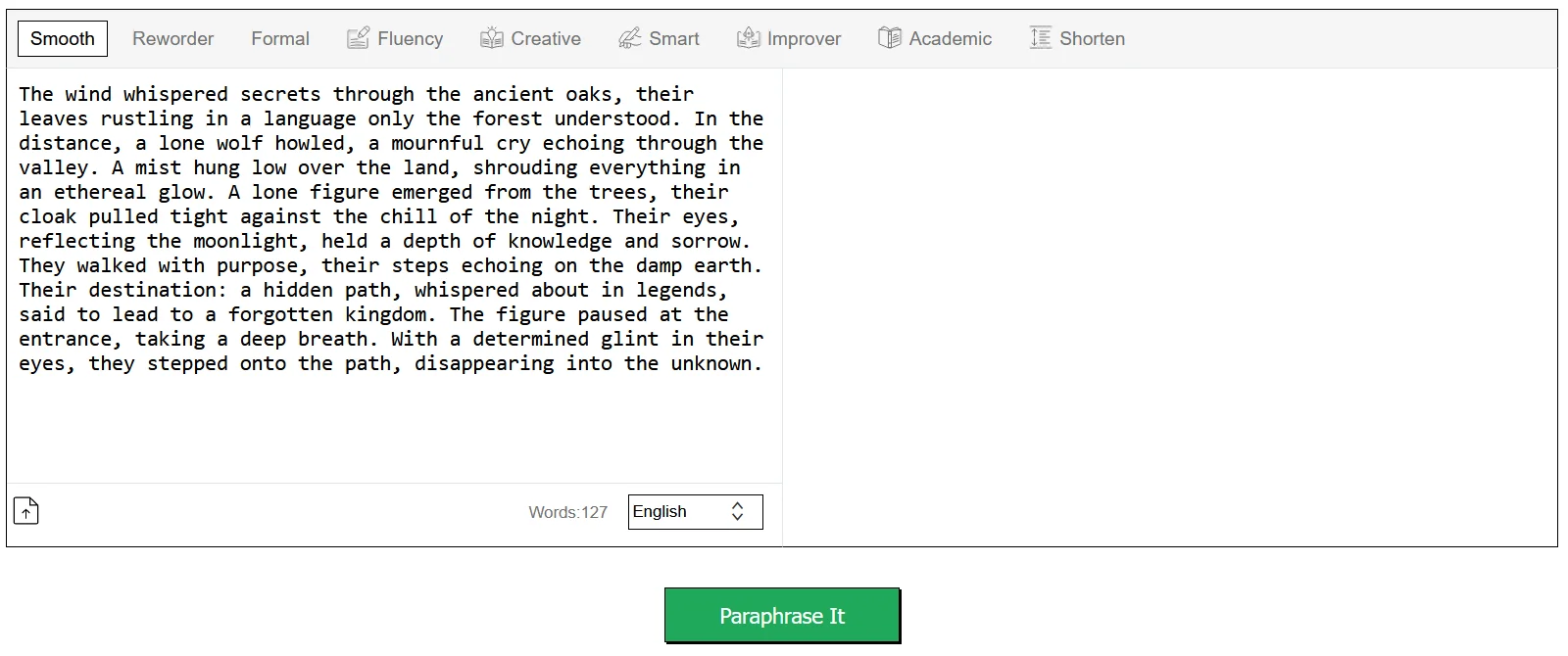 Screenshot of a text editor with paraphrasing tools showing a written piece about a mystical journey