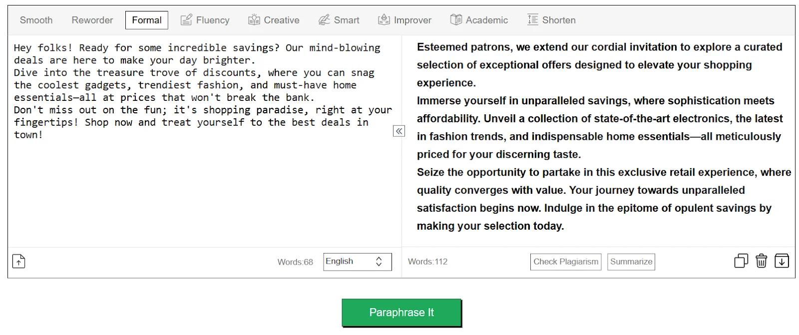 A screenshot of a text paraphrasing tool with two panels displaying marketing copy