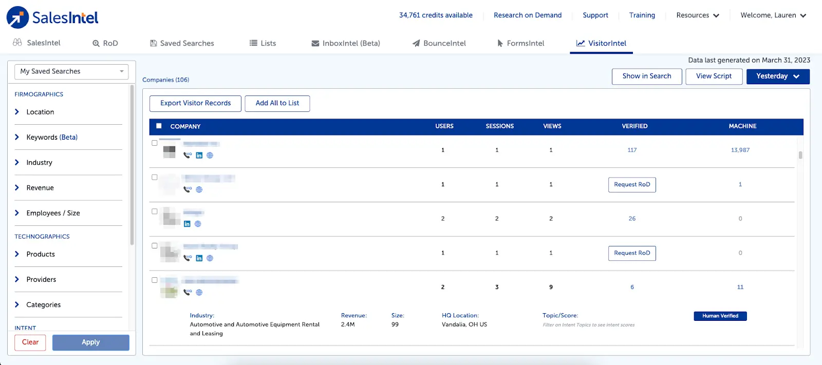 SalesIntel B2B sales intelligence tool interface