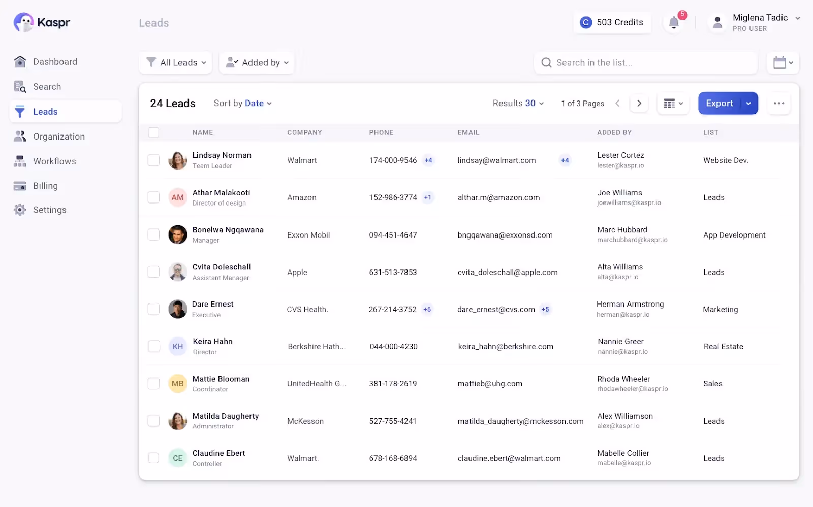 Kaspr lead generation tool interface