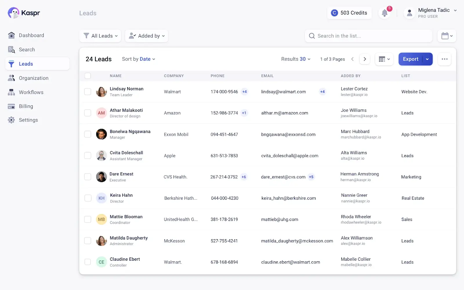 Kaspr lead generation tool interface