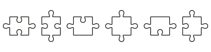 Five jigsaw puzzle pieces in a row, outlined, not interlocked