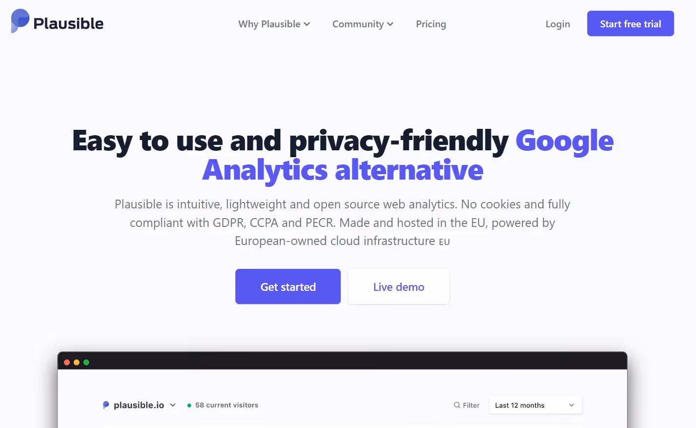 An overview of Plausible analytics’s homepage