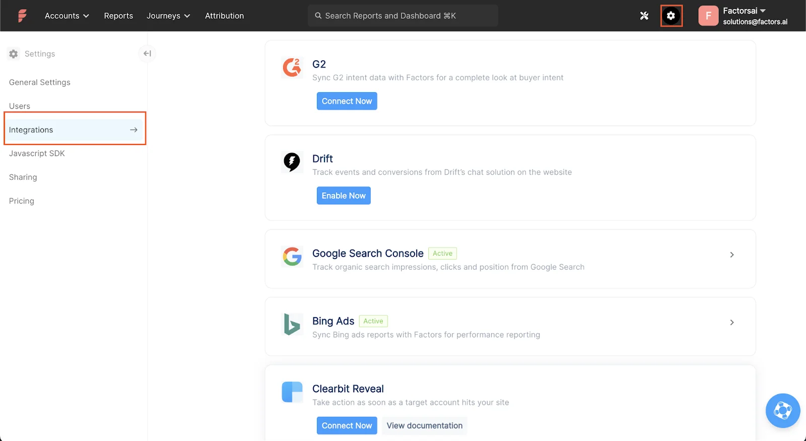 Screenshot of factors' platform's 'Integrations' page showing available service integrations.