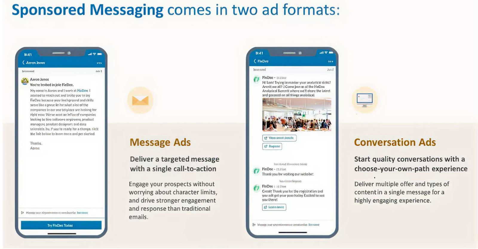 Meta Title LinkedIn Conversation Ads: How to Slide Into DMs (Professionally) Without Sounding Like an Ad Meta Desc / Summary Learn how Conversation Ads on LinkedIn compare to LinkedIn Message Ads, best practices for LinkedIn messaging ads, and when to use sponsored messages effectively. Slug /linkedin-conversation-ads-and-linkedin-message-ads Category  Marketing Author Subiksha Editor Vrushti Oza Has inline CTA?   CTA Heading   CTA Subheading   CTA Button Text   Is it AI-generated?   Ai Author(s)         LinkedIn Conversation Ads: Sliding Into DMs Without Sounding Like an Ad Let’s be honest.  Most LinkedIn ads get scrolled past faster than a Monday motivation post. You know the ones. Big promise. Bigger stock photo. Zero memory of it five seconds later.  But LinkedIn Conversation Ads are different.  They don’t fight for attention in the feed. They don’t interrupt someone mid-scroll. They land straight in the inbox.  And when they’re done right, they don’t feel like ads at all. They feel like the start of a conversation. The kind you might actually reply to.  If you’ve been curious about LinkedIn message ads, LinkedIn sponsored messages, or how to make LinkedIn messaging ads convert without sounding spammy, you’re in the right place.  Let’s break it down, simply, practically, and without the buzzwords. TL;DR LinkedIn Conversation Ads work best for long, complex B2B buying journeys, especially when multiple stakeholders are involved, and buyers want to explore before committing. They are not designed for instant conversions. If your goal is quick leads or low CPL, Message Ads or Feed ads are often a better fit. The real value of Conversation Ads lies in intent signals, like clicks, choices, and engagement paths, not just form fills. To judge them correctly, you need full-funnel visibility. When engagement is connected to downstream behavior and revenue, Conversation Ads become a meaningful driver of the pipeline. What are LinkedIn Conversation Ads (and how are they different from message ads)? LinkedIn offers two inbox-based ad formats under Sponsored Messaging. They’re often lumped together, but they behave very differently.   1. LinkedIn Message Ads Think of Message Ads as a single-message push.  You send one message. You include one CTA. You hope they click. That’s it.   They work best when: You have one clear goal (book a demo, download a guide) You want direct, cost-effective outreach Your audience prefers short, no-nonsense messaging  Message Ads aren’t bad. They’re just… direct. Sometimes too direct. 2. LinkedIn Conversation Ads Conversation Ads are more like choose-your-own-adventure. Instead of forcing one action, you give users multiple response paths: FAQs Content Demos Webinars Pricing Even “just browsing.”  The buyer decides what happens next. They work best when: You want interactive engagement You’re running ABM or high-intent campaigns You want prospects to engage on their terms, not yours  In short: Message Ads talk to people. Conversation Ads speak with them.  And in B2B, that difference matters more than we admit. Why Conversation Ads work so well in B2B Here’s the truth about B2B buyers: They hate being sold to, but they love being informed.   Conversation Ads lean into that reality. Instead of forcing a demo request upfront, they let buyers: Explore content at their own pace Self-qualify without pressure Signal intent through clicks and choices  And those choices? They’re gold.  Every click inside a conversation tells you what the buyer actually cares about: Are they curious? Are they researching? Are they close to buying?  That’s far more valuable than a single “Submit” button. The anatomy of high-performing LinkedIn Conversation Ads So what actually drives engagement? Let’s break down the patterns that show up again and again in high-performing Conversation Ads. 1. Start with the right CTA (Hint: It’s not “Book a Demo”) Across successful campaigns, the best-performing CTAs are surprisingly… gentle.   They sound like: See how it works Get started for free Find out more Book a demo (but usually not as the first step)  Curious, why does this work? Because Early-funnel CTAs reduce pressure They invite curiosity instead of commitment They feel helpful, not transactional Think of CTAs as doors, not demands.  Once someone walks through willingly, the rest gets easier. 2. Personalization starts with targeting (Not copy) Here’s a hard truth: Great copy cannot save bad targeting.  For Conversation Ads, LinkedIn Ads targeting does most of the heavy lifting. The most effective campaigns usually layer: Job title + function (not just one) Seniority (decision-makers matter here) Skills and expertise tied to the problem you solve Location, when buying behavior differs by region  Conversation Ads feel personal by nature. If the targeting is off, that illusion breaks instantly.  Right message. Right inbox. Right moment.  Related read: Top LinkedIn Ads targeting mistakes in B2B. 3. Avoid buzzwords. Say the real thing. One pattern that shows up again and again in underperforming ads is the use of too many buzzwords and too little substance.  Words like AI-powered, optimize, streamline, and game-changer are everywhere, and buyers have learned to mentally skip them.  What works better? Specific problems Concrete outcomes Relatable frustrations  Bad: “Our AI-powered platform optimizes workflows.”  Better: “Still managing this in spreadsheets? Here’s how your team can save 20 hours a week.”  Specific beats impressive. Every single time. The psychology behind winning Conversation Ads Conversation Ads work because they tap into the basic human psychology, not clever tricks.  The most common triggers are simple: FOMO – “See what top teams are doing differently.” Curiosity – “Want to know how this works?” Reciprocity – “Get the report, no strings attached.”  The strongest ads often combine two triggers:  Curiosity + social proof Reciprocity + urgency FOMO + data-backed claims  The key thing to remember? Don’t manipulate. If the problem is real, people will lean in.  Related read: Best AI tools for LinkedIn Advertising. Best practices for LinkedIn Message Ads and Conversation Ads Let’s make this practical. LinkedIn Conversation Ads Best Practices Keep messages short and skimmable Offer multiple response options, not dead ends Lead with value, not a sales ask Let intent reveal itself through clicks Optimize for learning, not just leads LinkedIn Message Ads Best Practices Use them when you have one clear CTA Be concise and respectful of time Avoid sounding like a cold email blast Match message tone to seniority level  Just remember, different tools, different jobs.  Related read: Scaling ABM using LinkedIn Ads Where most teams still get LinkedIn Conversation Ads wrong Here’s the gap most marketers don’t see. Conversation Ads generate multiple downstream actions, like: Website visits Content reads Return visits Assisted conversions  And not just form fills.  So, if you’re only measuring: Clicks CPL Last-touch conversions  Then, you’re missing most of the story.  What changes when you run LinkedIn Ads with Factors.ai Launching a LinkedIn Ad Campaign is only half the job. The harder part is figuring out which drove conversions and contributed to revenue.   But here is the catch: buyers do not convert in straight lines. Usually, this is what happens after a prospect clicks your LinkedIn Ad, They don’t convert immediately. They visit your website days later. They read a case study. They come back through search. Sales finally pick them up weeks later.  And somewhere along the way, LinkedIn quietly loses credit. Read more about this in our LinkedIn Ads B2B Benchmarks Report of 2025.  This is exactly the gap LinkedIn Adpilot from Factors.ai built to close. See what happens after they click your LinkedIn Ad Most reporting stops at impressions, clicks, or form fills. That is useful, but incomplete.  Factors.ai helps you see: What prospects do after they engage How different interactions influence the pipeline Which touchpoints actually contribute to deals Instead of guessing which efforts mattered, you can see the complete picture of how accounts move through your funnel after clicking your LinkedIn Ads.   Simply put, see the true ROI of LinkedIn Ads with Factors.ai Compare LinkedIn against other channels Once you can see influence, comparison becomes easier.  Factors.ai lets you analyze how LinkedIn performs alongside other channels and how ad-engaged accounts move through the funnel. This helps teams decide where to invest more and where to pull back. Build audiences without guesswork Manually maintaining account lists takes time and still goes stale.  With Factors.ai, LinkedIn audience lists are built and updated automatically using real engagement and intent signals. Instead of guessing who should see your ads, you target accounts that are actually showing interest.  Result: Less waste and cleaner targeting. Control where your LinkedIn Ads budget really goes Most teams do not realize this until they see the data. 20% of accounts often consume 80% of the ad impressions. The result is uneven reach and fast budget burn.  Factors.ai’s LinkedIn Adpilot helps you: Control impressions and clicks per account Reach more accounts with the same budget Avoid overserving the same few companies  More coverage. Same spend.   Read more about this in the LinkedIn Smart Reach blog. Optimize campaigns using conversion feedback Factors.ai also supports the LinkedIn Conversion API. That means you can: Send online and offline conversion signals back to LinkedIn Optimize campaigns based on real outcomes Scale performance without relying on third-party cookies  All without a complicated setup. So… should you be running LinkedIn Conversation Ads? Short answer: Yes. But only if you use them for what they are actually good at.  Conversation Ads work best in buying journeys that take time. They are the best when multiple stakeholders are involved, when buyers want to explore before committing, and when your goal is to educate, qualify, and learn rather than push an immediate demo.  They are not built for instant wins. If you need quick, single-action conversions or you are optimizing purely for cost per lead, Message Ads will usually perform better. Different formats solve different problems.  Where most teams go wrong is not in how they write these ads, but in how they measure them.  Conversation Ads rarely drive a straight line from click to conversion. Instead, they influence interest over time through content views, return visits, and assisted conversions across channels. When revenue is calculated only by last-click results, that influence gets ignored.  But when you connect engagement to downstream behavior and revenue, the picture changes. You can see what sparked curiosity, what kept buyers engaged, and how those early conversations helped deals move forward.  Run Conversation Ads to understand buyer intent, not to force action. Measure them with the full buyer journey in mind, and they become a meaningful driver of the pipeline rather than just another inbox placement. FAQs on LinkedIn Conversation Ads Q1. What exactly are LinkedIn Conversation Ads, and how are they different from Message Ads? LinkedIn Conversation Ads are interactive inbox ads that let prospects choose what they want to do next. Instead of sending one message with one CTA, you offer multiple options like viewing content, checking pricing, or learning more before booking a demo.  Message Ads, on the other hand, are simpler. One message, one CTA, one outcome. They work well when you already know exactly what action you want the reader to take.  If Message Ads are a straight pitch, Conversation Ads are a guided conversation where the buyer stays in control. Q2. Do Conversation Ads actually feel like real conversations? They feel conversational, but they are not live chats.  Conversation Ads follow a pre-built flow with buttons and branching paths. The experience feels interactive because buyers choose what to click, but they are not typing free-form responses.  That is also their strength. You can guide buyers without needing someone to reply in real time, while still learning what they care about based on their choices. Q3. Should I always choose Conversation Ads over Message Ads? No, and that is a common mistake.  Conversation Ads work best when buyers need time, context, or education. Message Ads work better when the action is simple and obvious.  If you only have one clear CTA and want quick action, Message Ads are usually the better choice. If you want to support research, qualification, or intent discovery, Conversation Ads are a stronger fit.  It is not about which format is better. It is about which one matches the buying situation. Q4. Are LinkedIn Conversation Ads still effective, or are people tired of them? They are still effective, but they are easier to get wrong now.  Many marketers report weaker performance when Conversation Ads feel generic, overused, or overly sales-driven. Buyers are quick to ignore anything that looks like a templated pitch in their inbox.  What still works is relevance. Tight targeting, helpful options, and clear value. When the message matches the buyer’s context, Conversation Ads continue to drive engagement and intent signals. Q5. What metrics should I actually look at for Conversation Ads? Open rates are usually high, but they do not tell the full story.  The real value comes from interaction metrics like which options people click, what content they engage with next, and whether they return later through other channels.  Conversation Ads are better judged by downstream behavior and assisted conversions, not just immediate form fills. If you only measure last-click leads, you will almost always undervalue them.