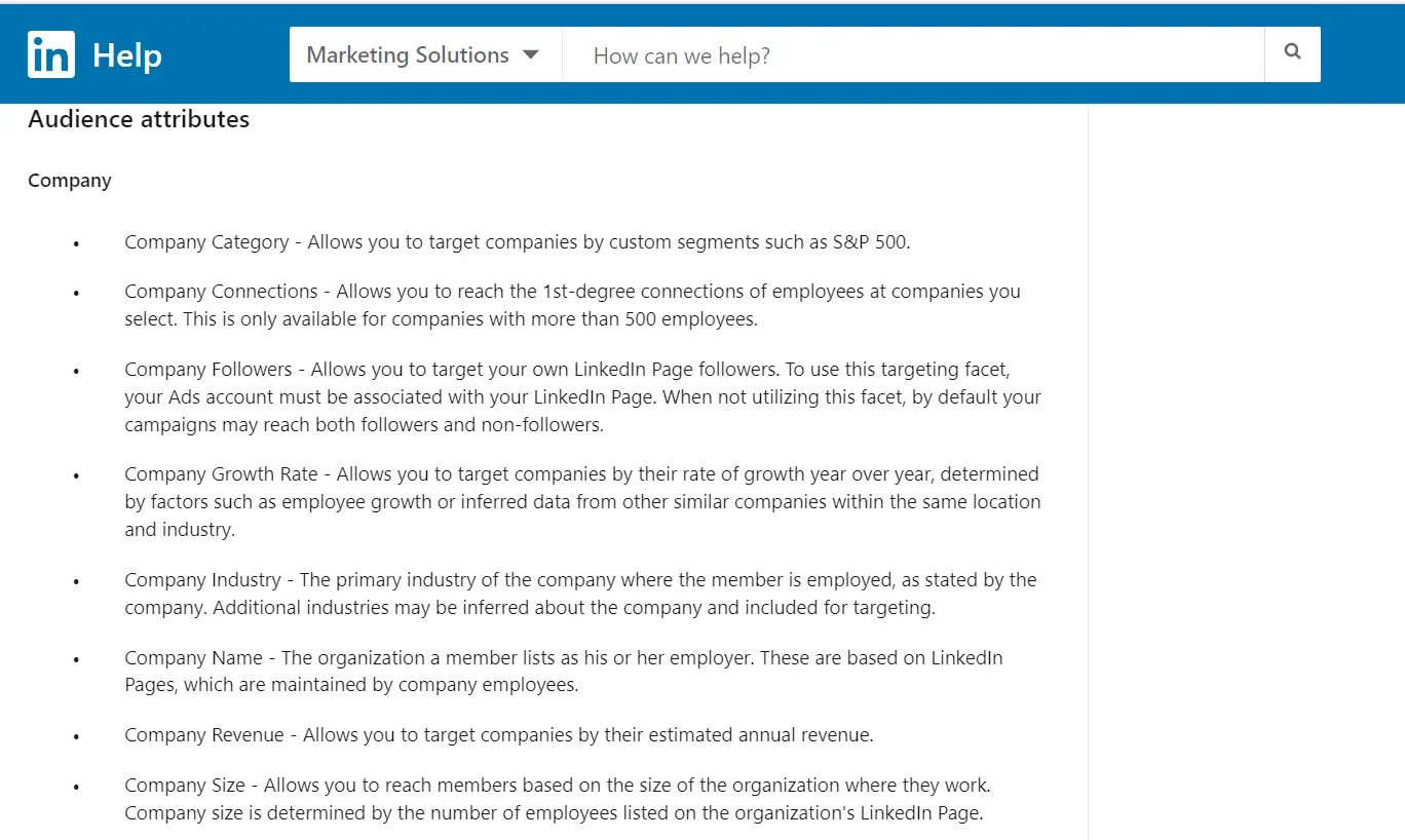 The image displays a portion of a LinkedIn Help page under the " Marketing Solutions " section.