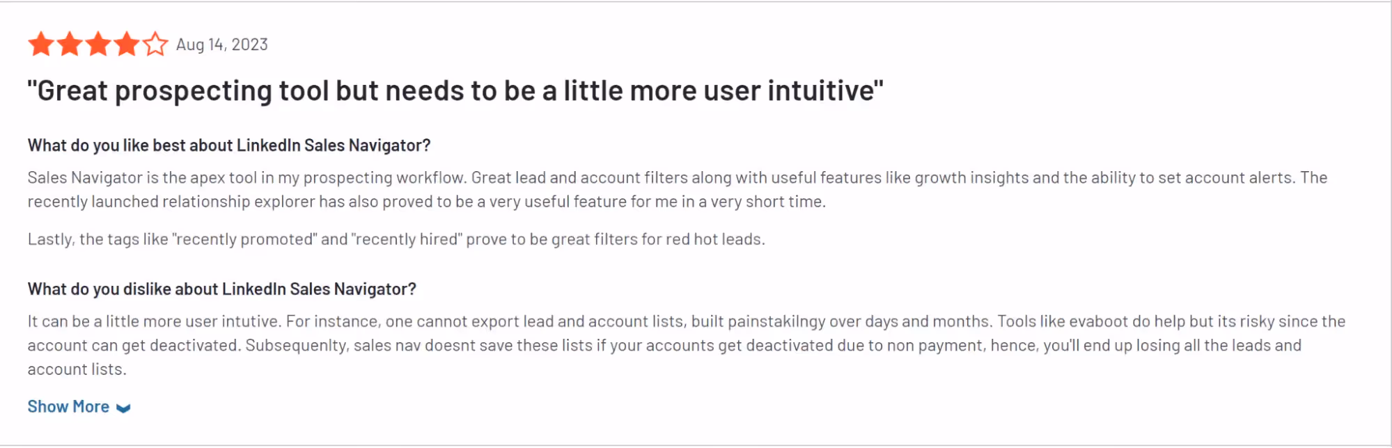 A 4-star review highlighting Sales Navigator as top-notch but needing better UI