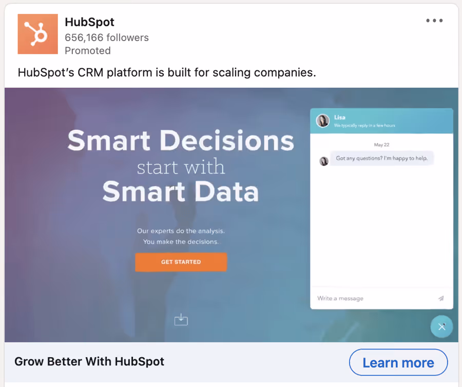 HubSpot LinkedIn ad showcasing their CRM platform with clear product visuals and bold graphics.
