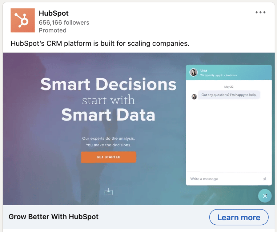 HubSpot LinkedIn ad showcasing their CRM platform with clear product visuals and bold graphics.