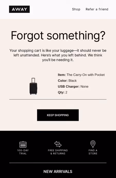 An image of Away’s cart abandonment email that motivates buyers to complete the purchase with less distraction and acts as a good marketing touchpoint