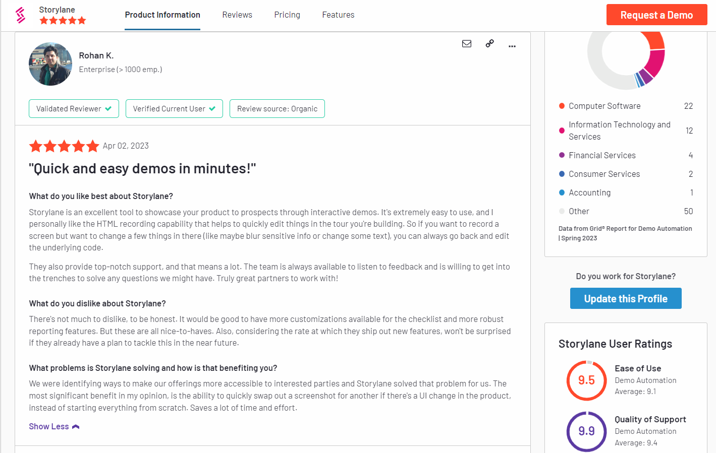 Screenshot of Storylane's customer reviews on the G2 website, showcasing positive feedback and high ratings for the company's products and services.