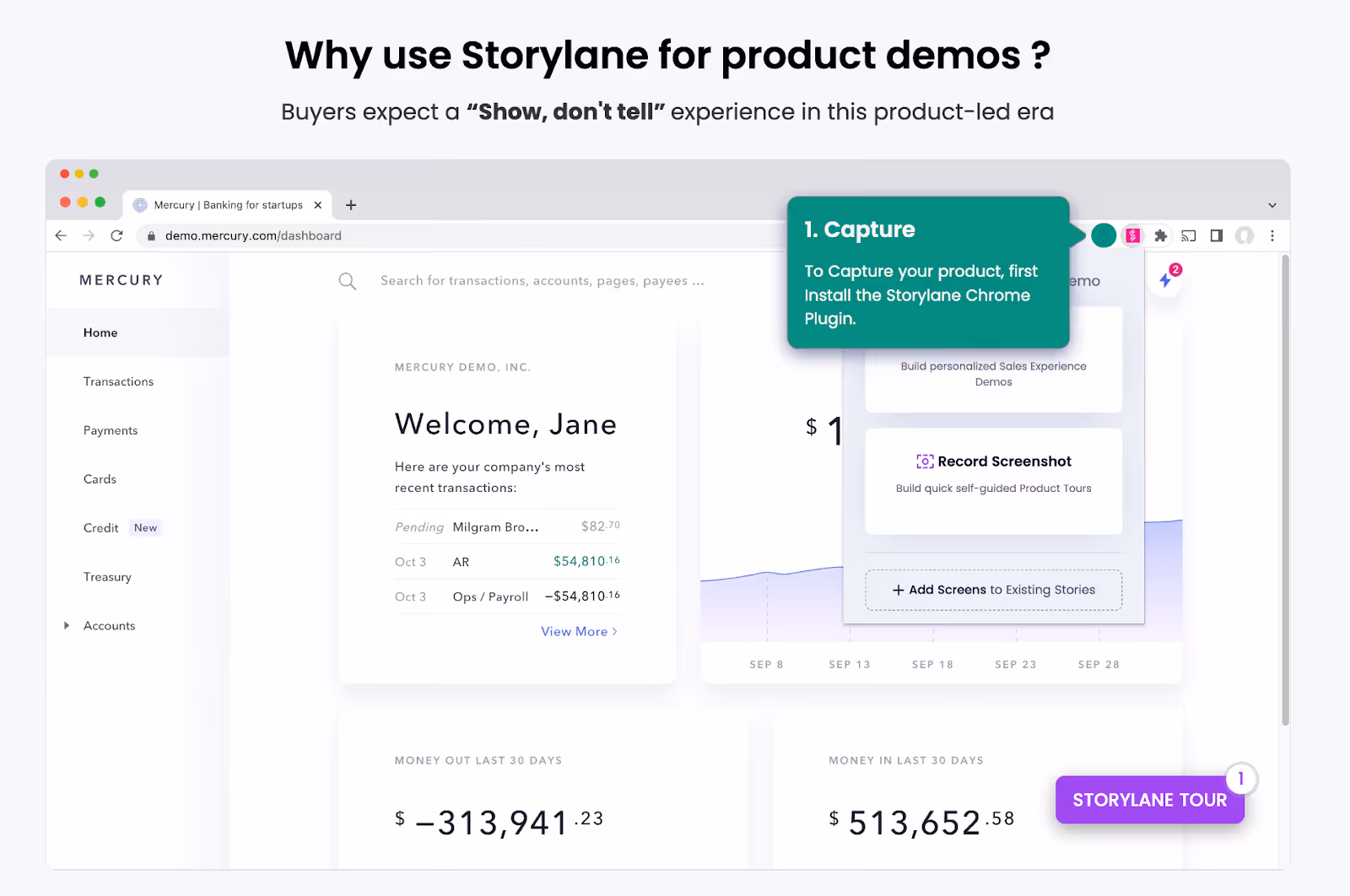 An image of Storylane's product tour showcasing different features and benefits of their product with interactive elements such as buttons and pop-ups