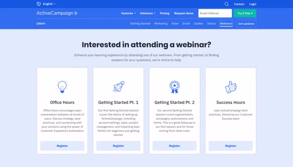 ActiveCampaign webinar series screenshot featuring the different webinars organized by the company as a marketing touchpoint