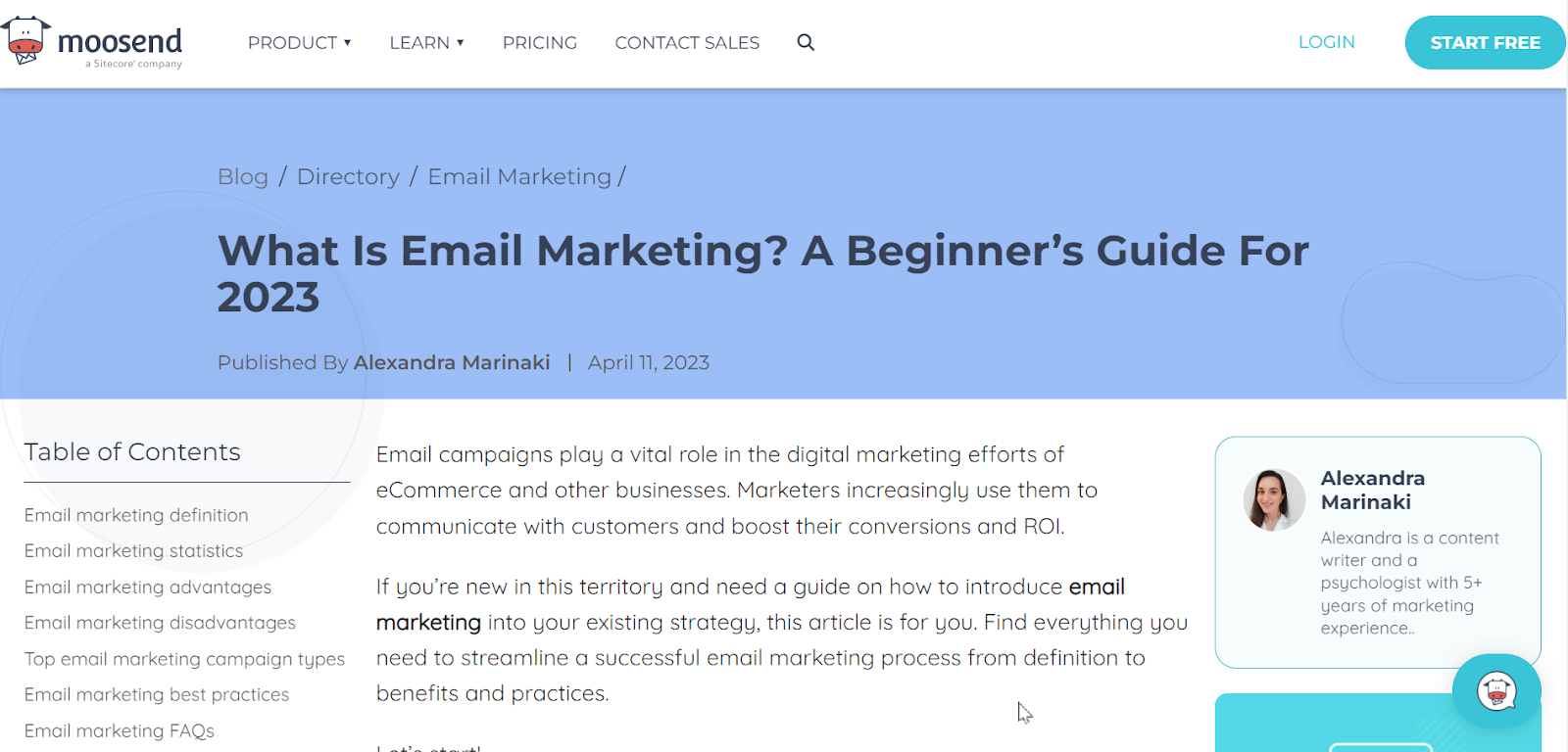 Screenshot of Moosend's email marketing blog post featuring tips and strategies for effective email campaigns.