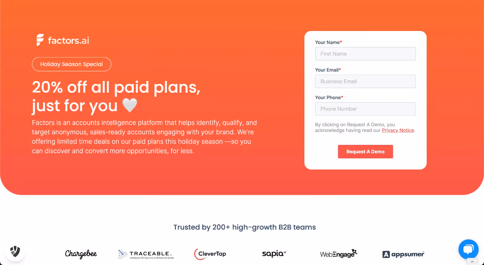 Promo banner with 20% off offer and a sign-up form on factors.ai website.